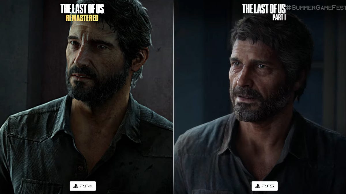 The Last of Us' Joel is seen in side-by-side comparison shots of the PS4 remaster and PS5 remake