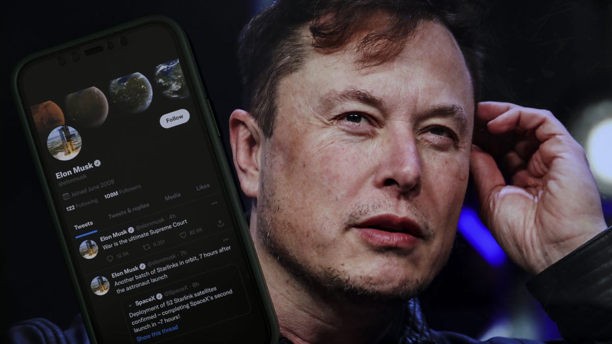 Elon Musk and a phone showing his Twitter page