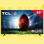A TCL 4K Roku TV with a football and the NFL logo on the screen against a yellow background.