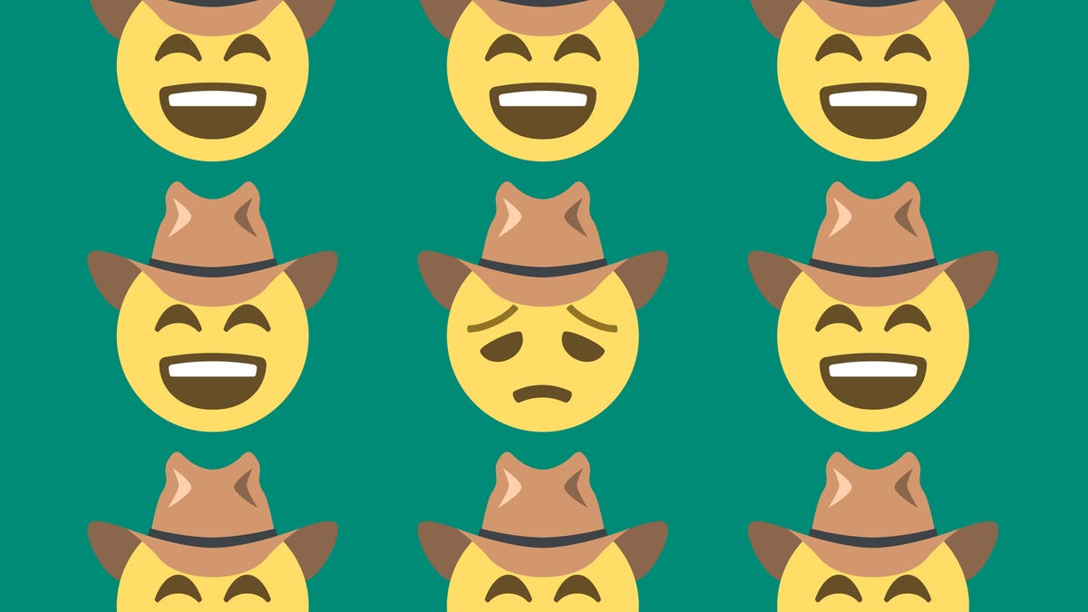 An array of cowboy emojis, eight smiling, one looking sad