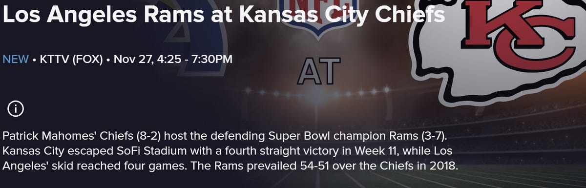 A TV program guide listing for the Rams vs. Chiefs game on Fox.