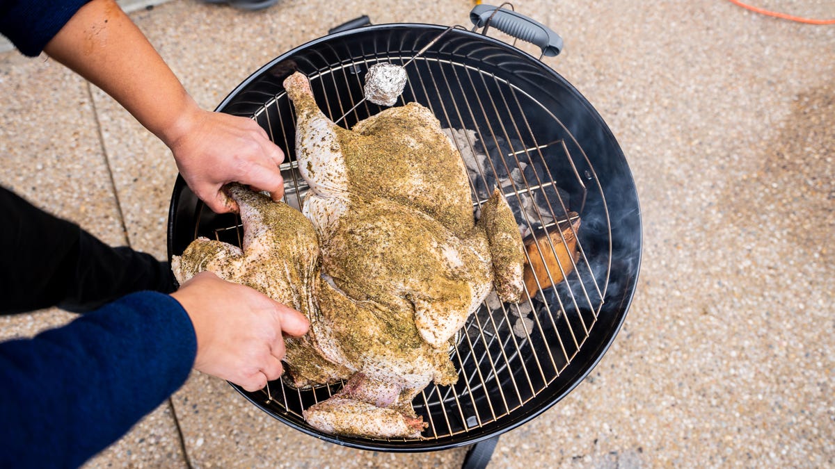 Weber Classic Kettle grilling a whole turkey 