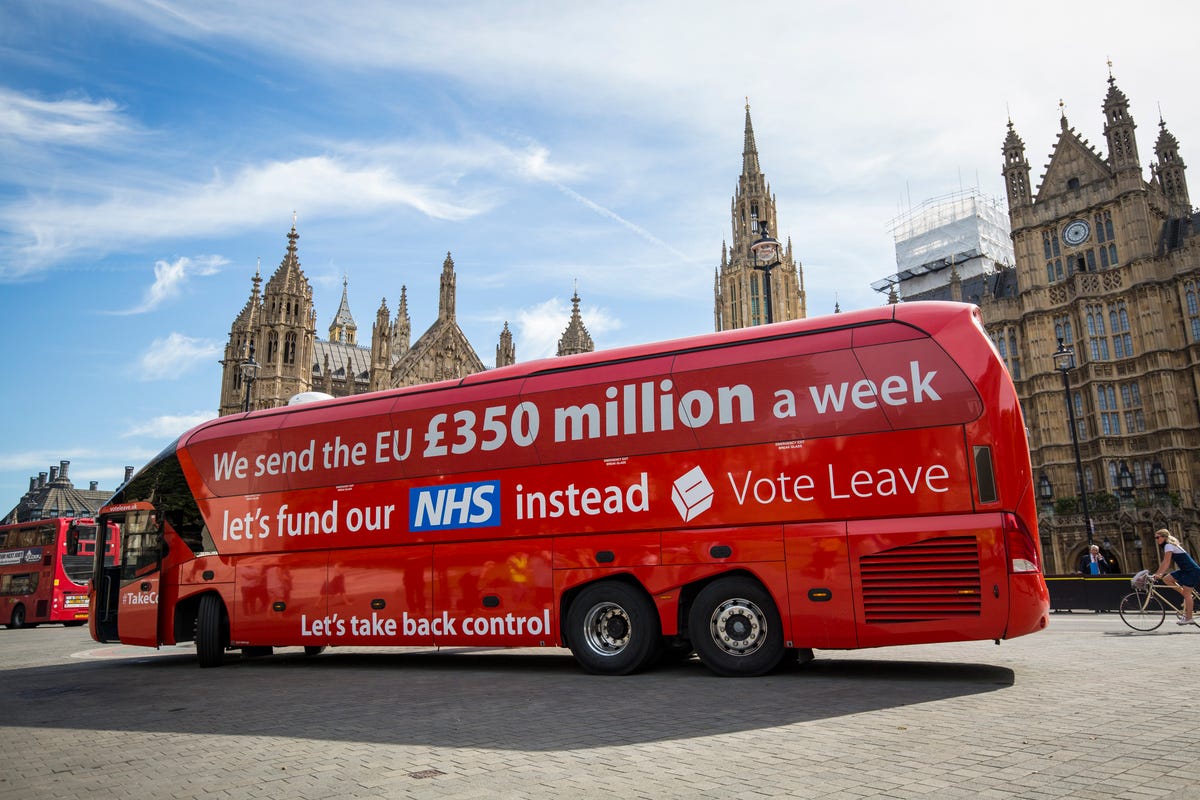 The infamous "Vote leave" battle bus, parked outside the Houses of Parliament.