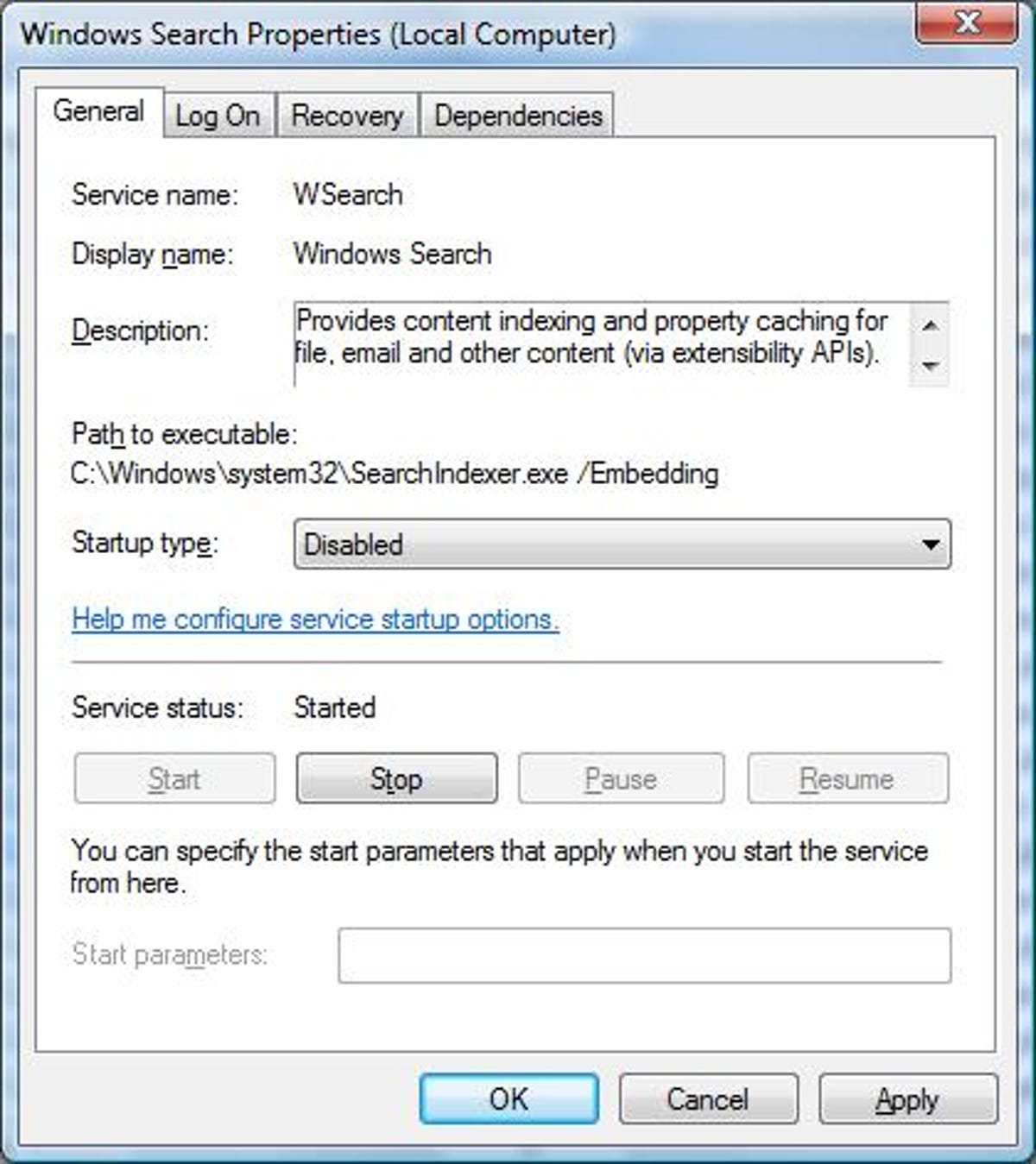 Vista's Windows Search Properties dialog box