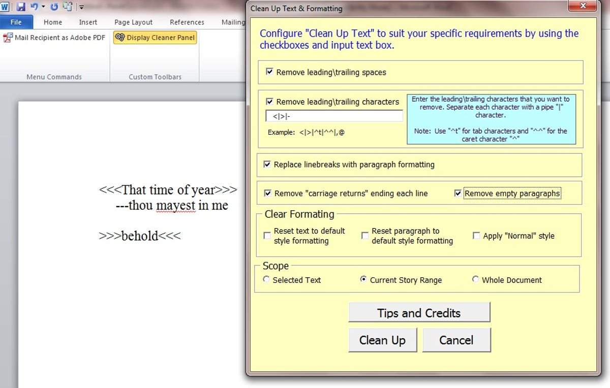 Clean Up Text add-on for Microsoft Word