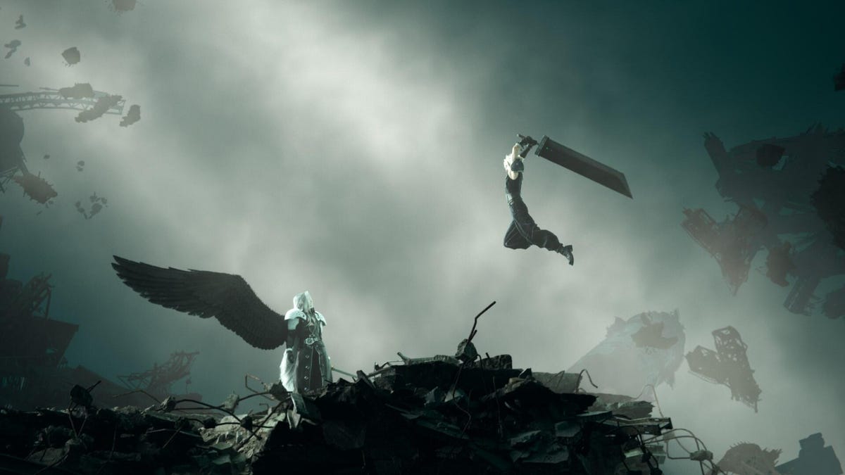A main with one black wing stands on the ground while another leaps in the air to deal a massive sword blow.