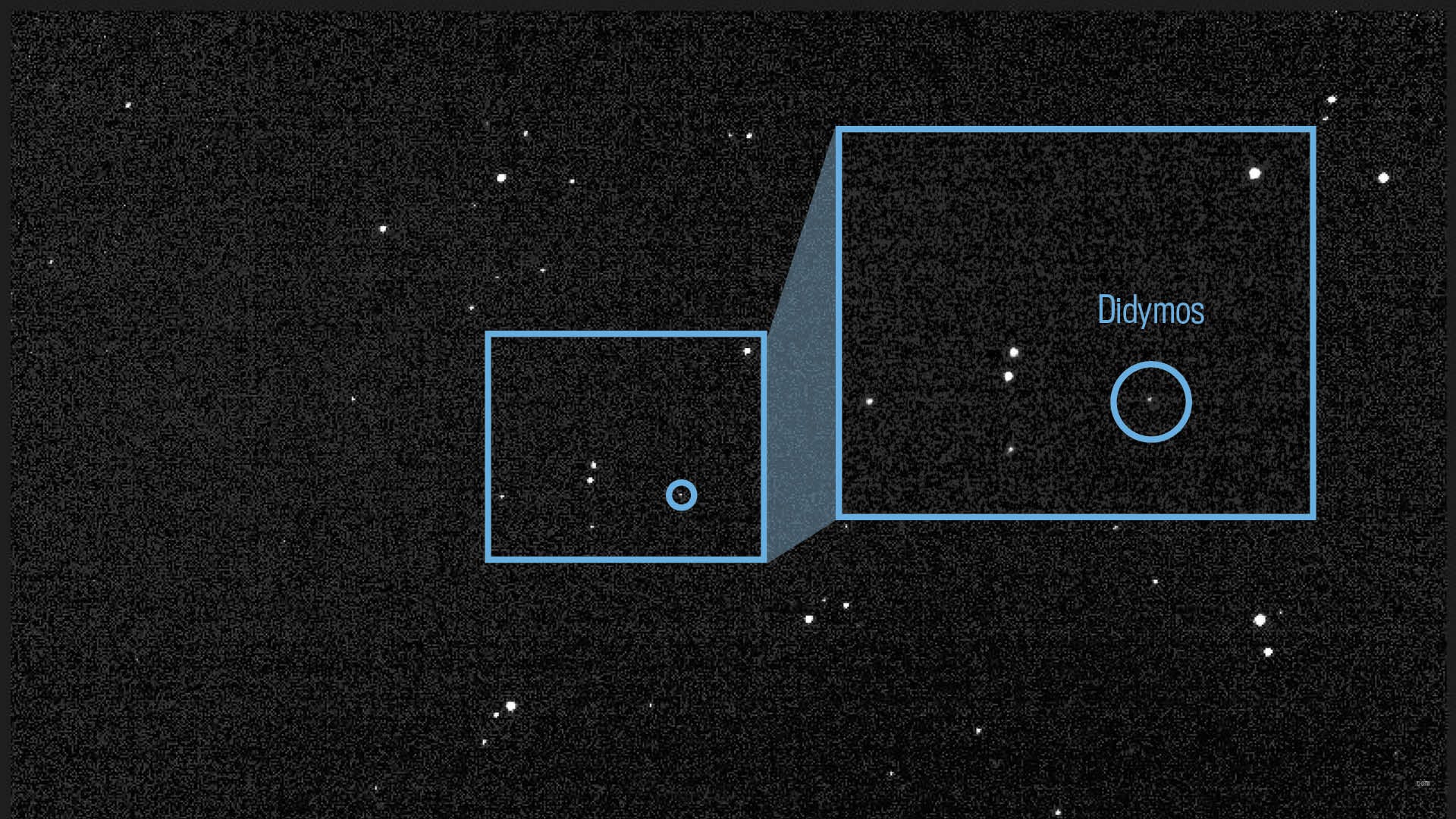 Starry black background of space with small dot of light highlighted as the Didymos asteroid system.