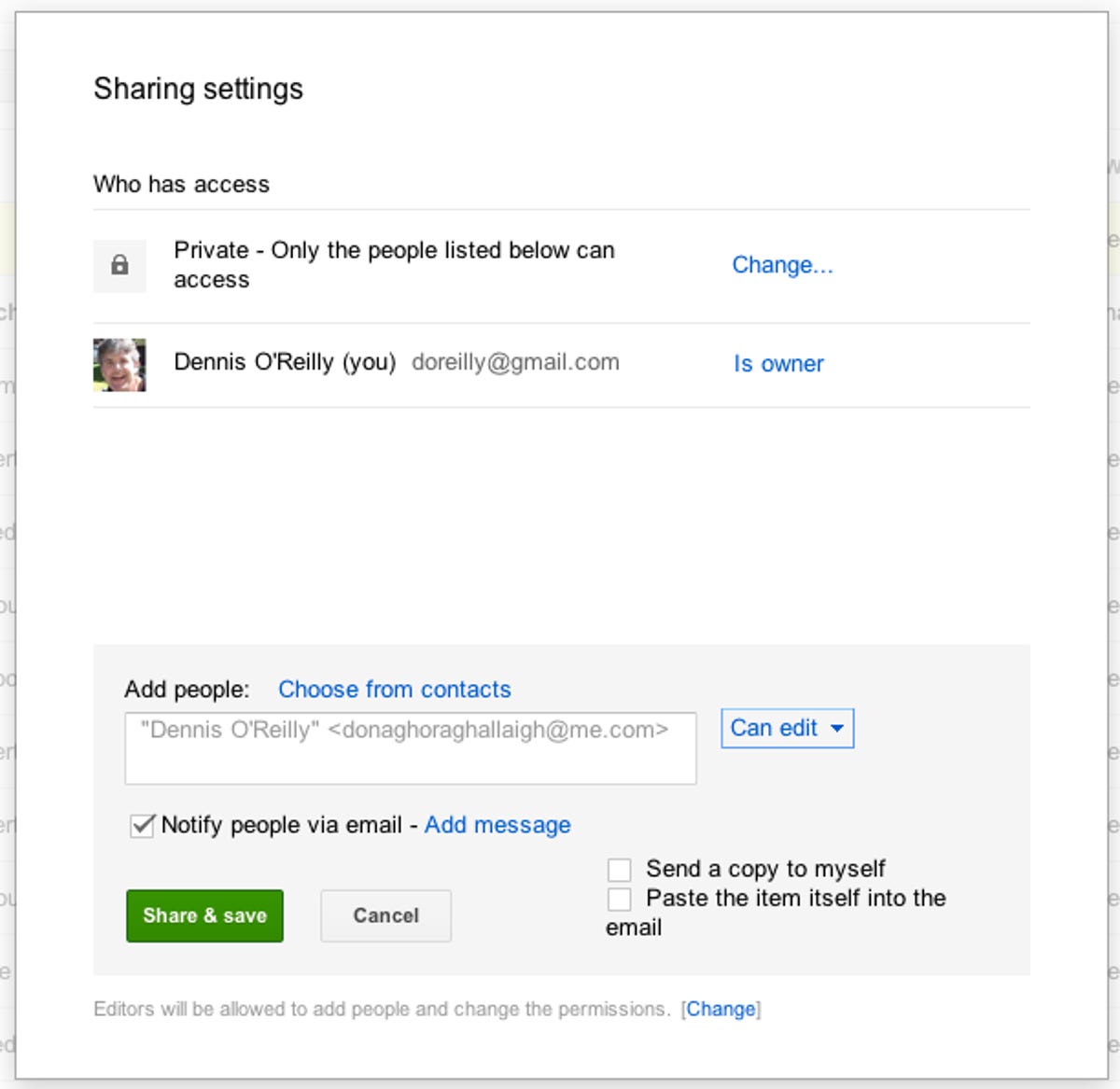 Google Docs Share settings dialog box
