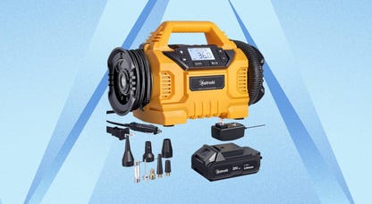 The AstroAI Cordless Tire Inflator and its accessories are displayed against a blue background.