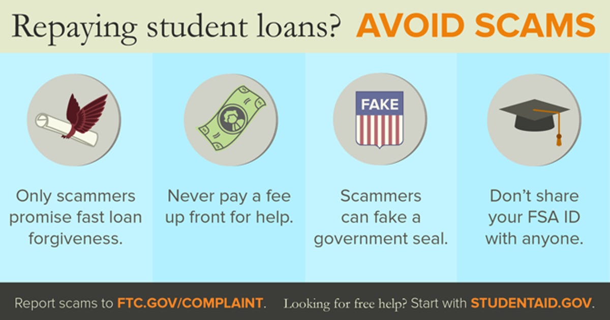 A graphic illustration divided into four columns with summarized points from the FTC. The text of each, in order reads as follows. Only scammers promise fast loan forgiveness. Never pay a fee up front for help. Scammers can fake a government seal. Don't share your FSA ID with anyone. The bottom of the graphic includes text reading as follows: Report scams to ftc.gov/complaint. Looking for help? Start with studentaid.gov.