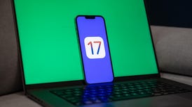 iOS 17 logo with a phone and blue background