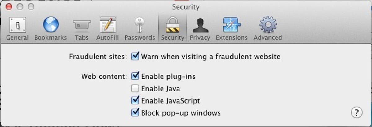 Safari Preferences dialog Security options