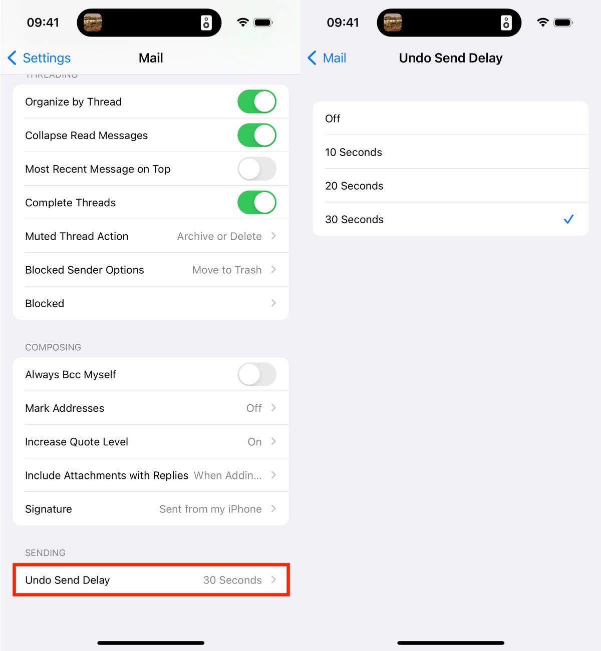 Settings for Undo Send Delay in iOS 16