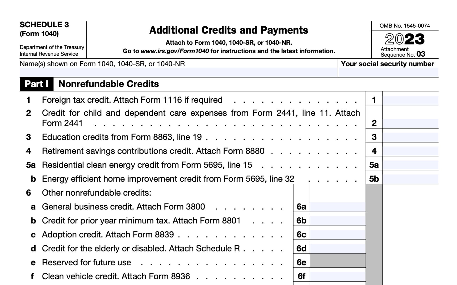 a screenshot of IRS Schedule 3 for 2023 showing a list of nonrefundable tax credits