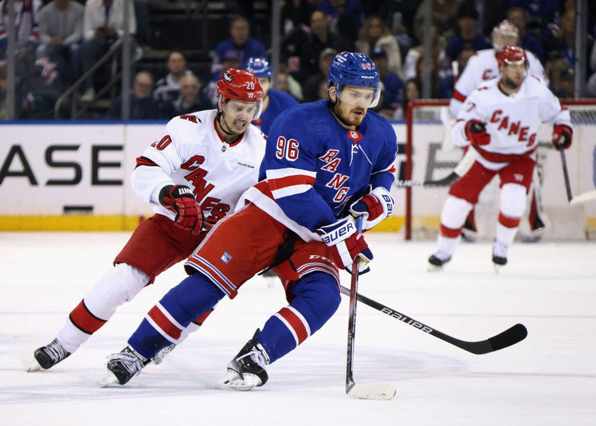 ack Roslovic #96 of the New York Rangers skates against the Carolina Hurricanes in Game One of the Second Round of the 2024 Stanley Cup Playoffs at Madison Square Garde