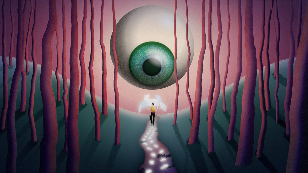 Illustration of a giant eyeball looking at a person walking through an eerie landscape