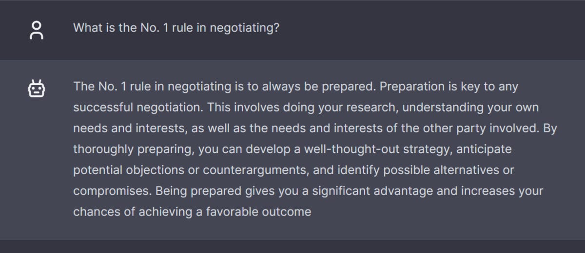 ChatGPT response to a prompt asking for the No. 1 rule in negotiating