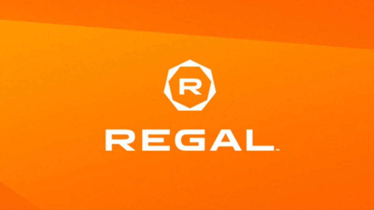Regal Cinemas logo in white against bright orange background