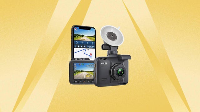 The Rove R2-4K dash cam is displayed against a yellow background.