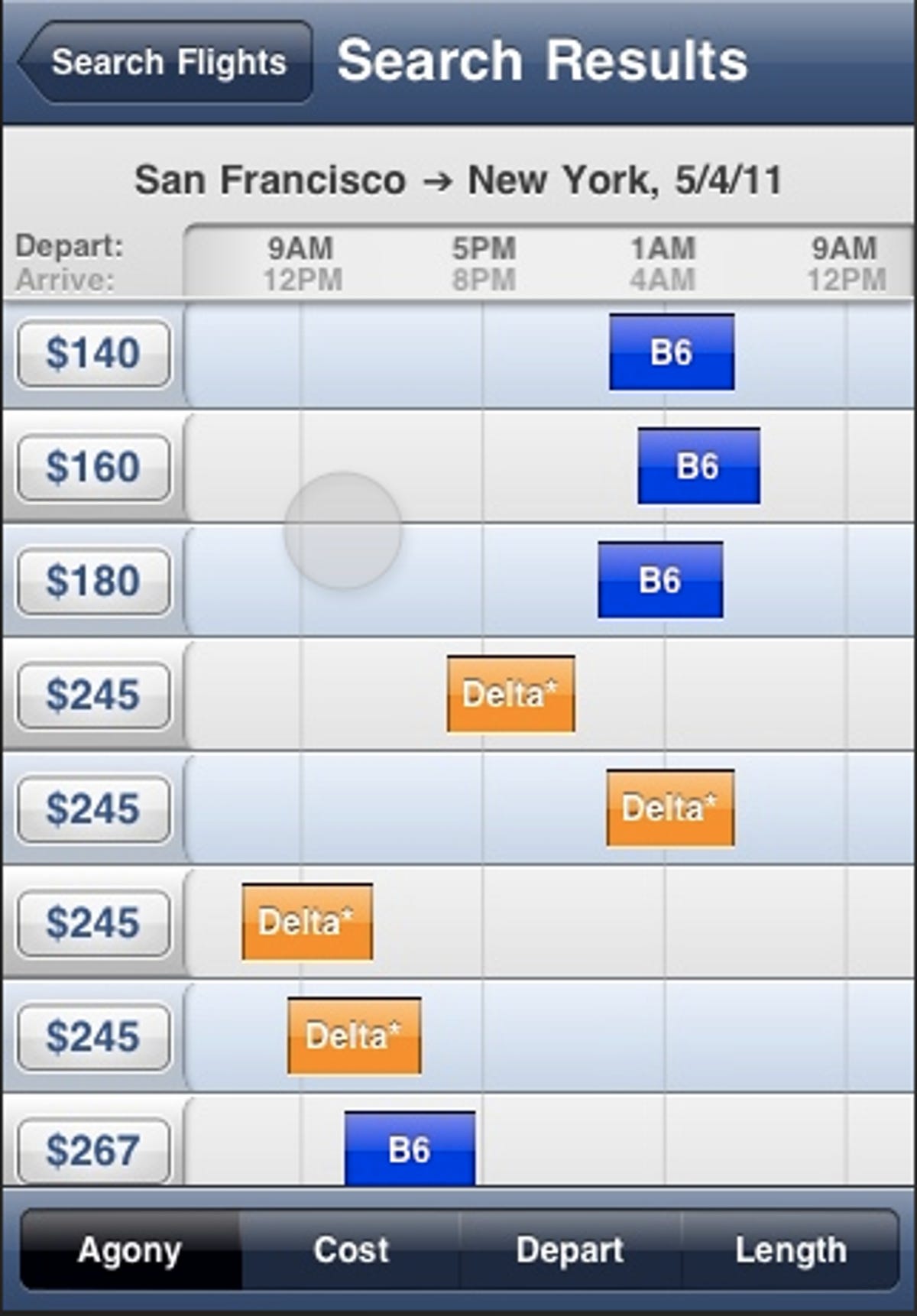 Hipmunk's flight search application running in Pieceable's iOS app viewer.