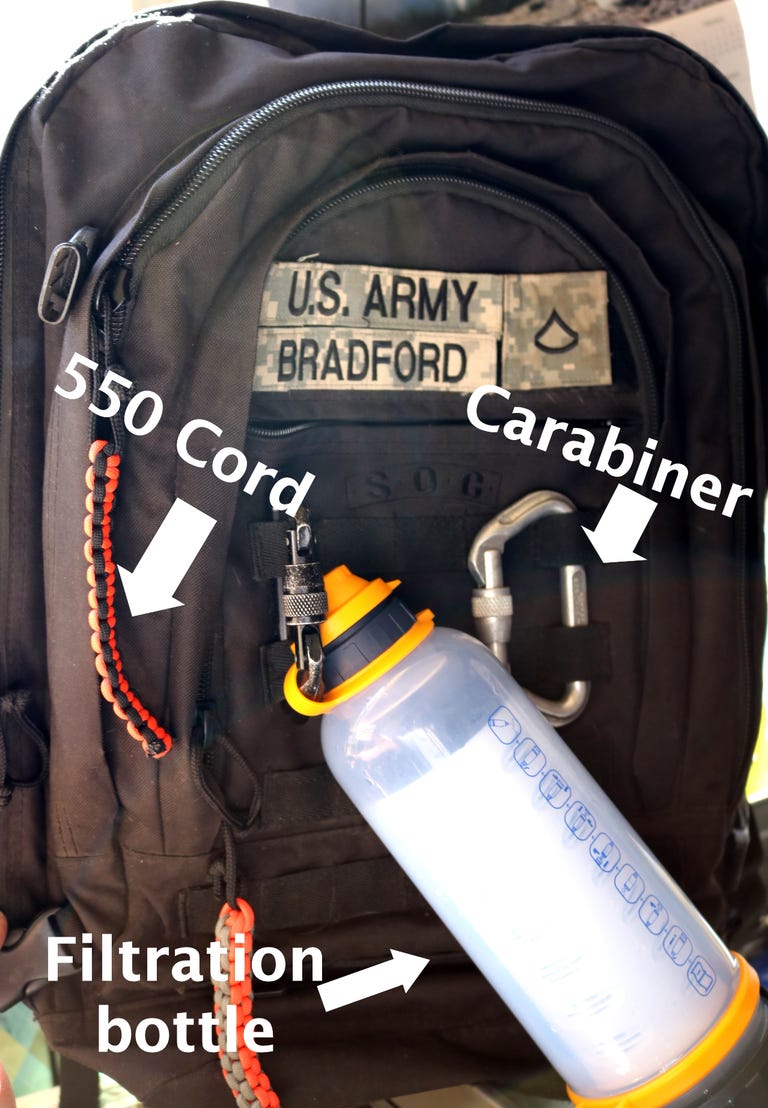 a go bag with a water bottle, cord and other essential items