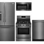 A refrigerator, stove, microwave and dishwasher are displayed against a white background.