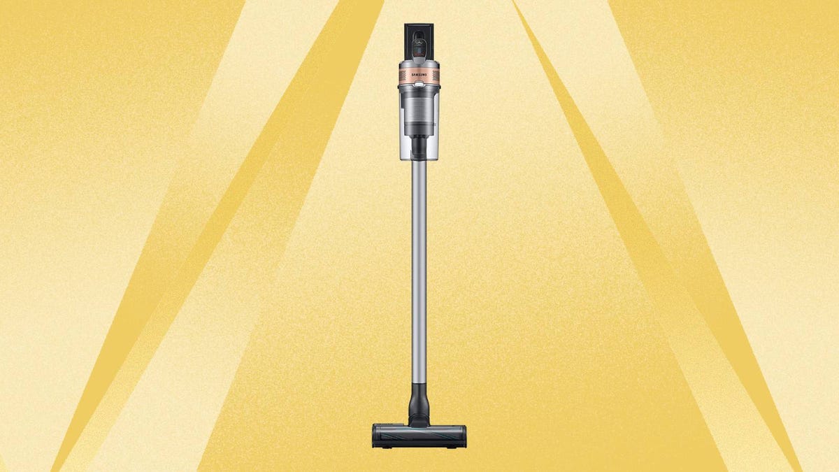 The Samsung Jet 75 Cordless Stick Vacuum Cleaner is displayed against a yellow background.