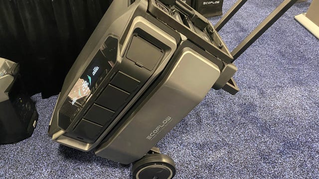 The EcoFlow Delta Pro Ultra battery tilted at an angle on a cart.