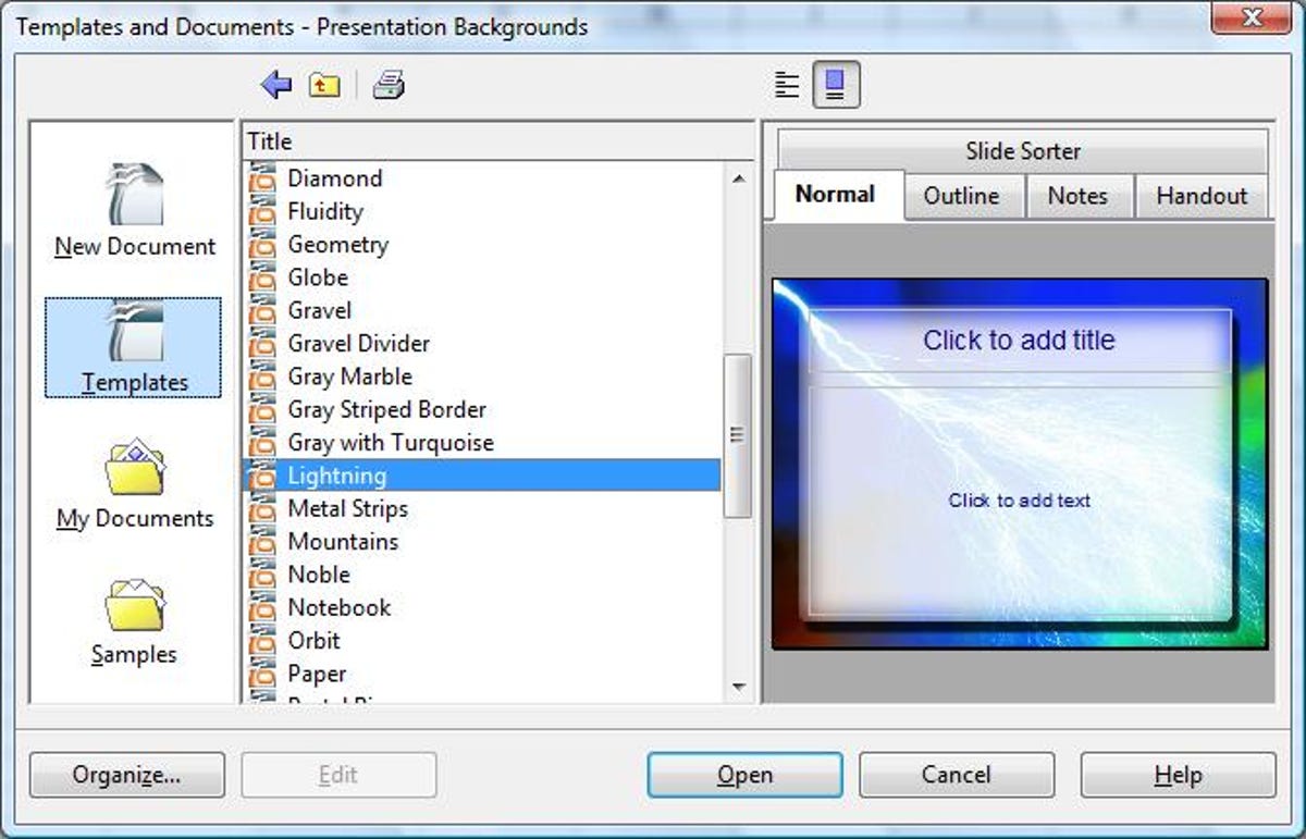 OpenOffice.org's Templates and Documents dialog box