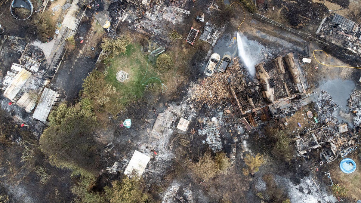 Aerial view of wildfire damage in London