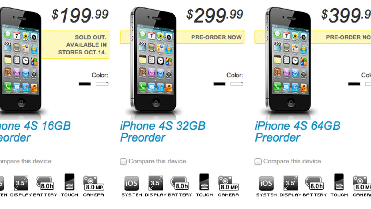 Sprint lists the entry-level 16GB iPhone 4S model as sold out for preordering.