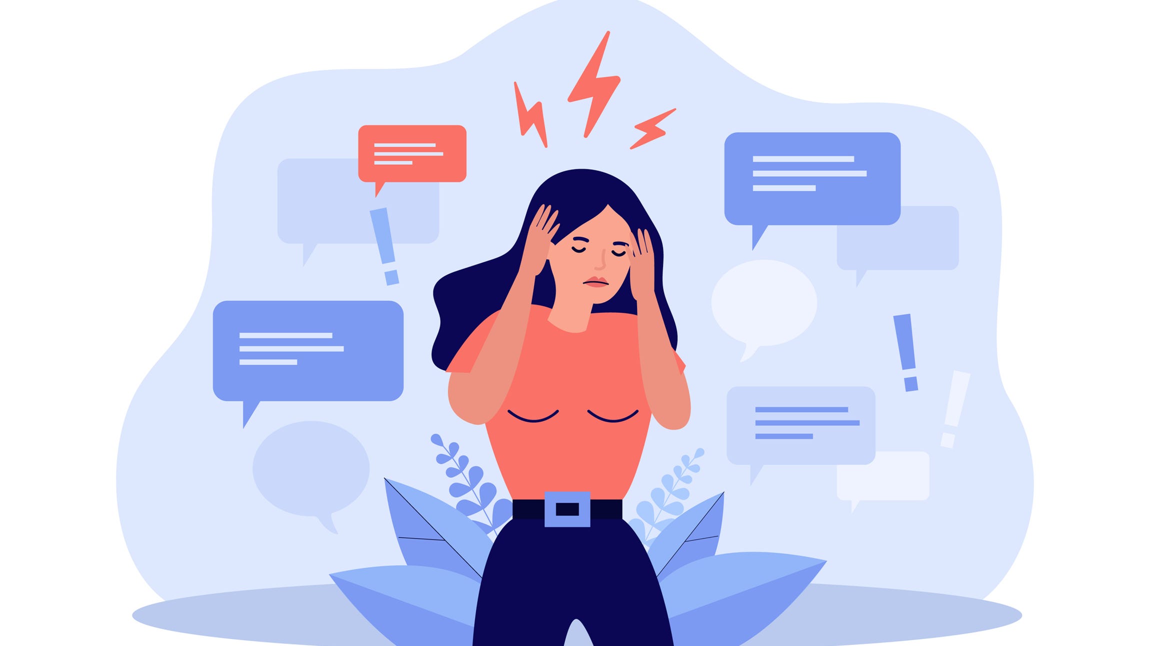 Sad woman covering ears with hands to stop disinformation isolated flat vector illustration.