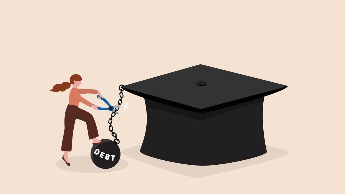 An illustration of a person cutting a ball and chain of debt from a graduation cap