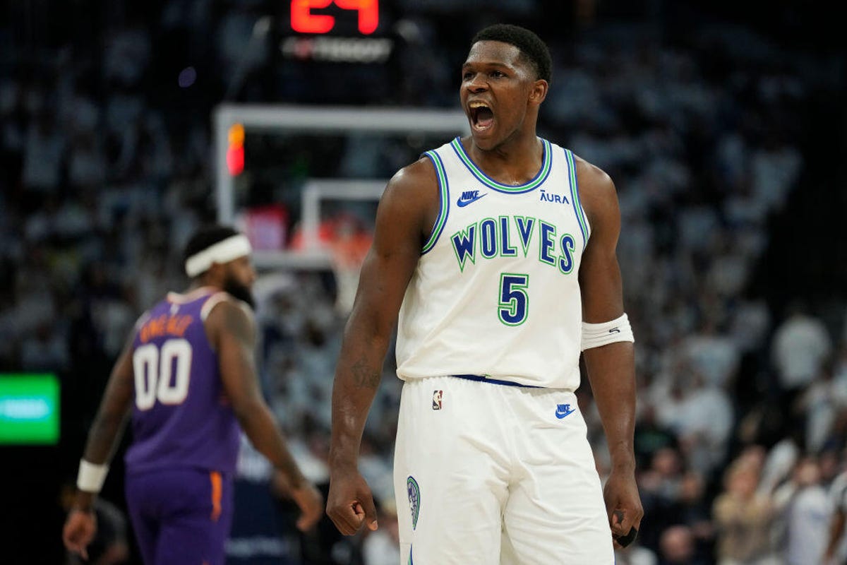 Anthony Edwards #5 of the Minnesota Timberwolves celebrates during the second half of Game 1 of the Western Conference First Round playoffs against the Phoenix Suns