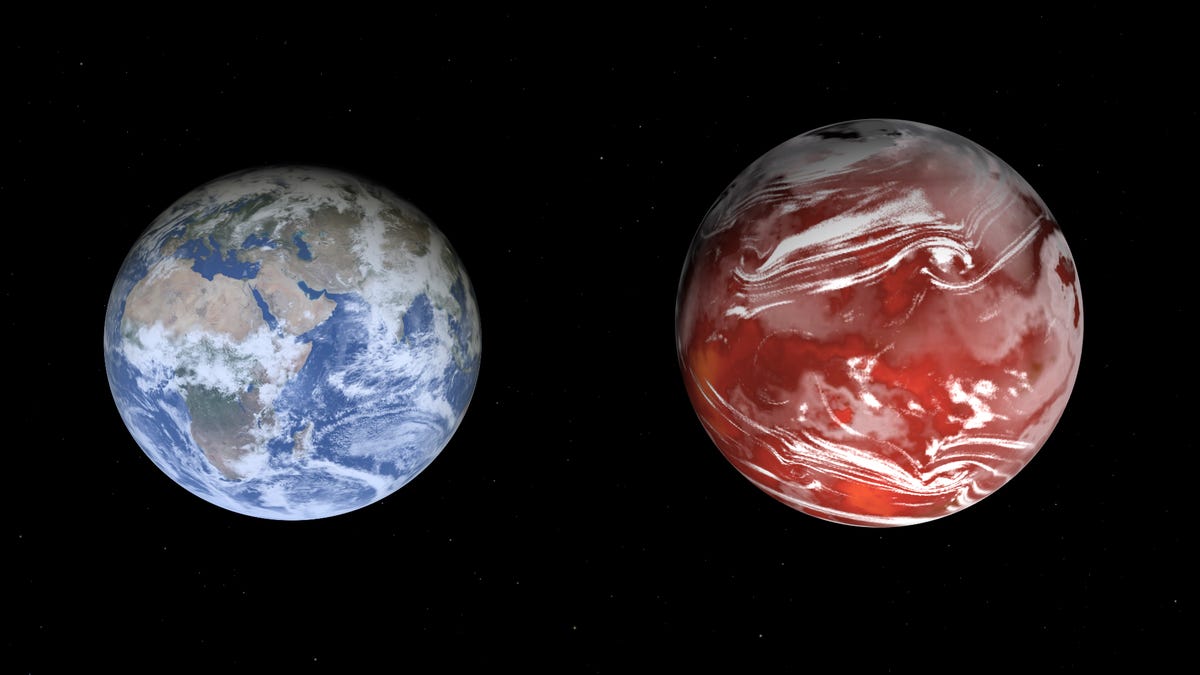 Earth is on the left, against a dark background slightly speckled with stars. On the right is a marginally larger globe with white streaks and a burnt orange surface.