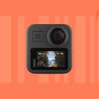 The GoPro Max is displayed against an orange background.