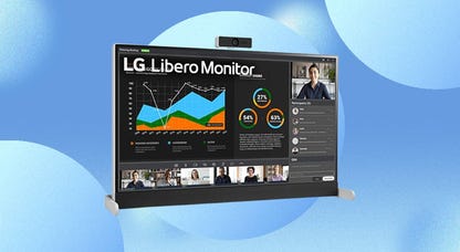 The LG Libero monitor with 27-inch display is shown against a blue background.