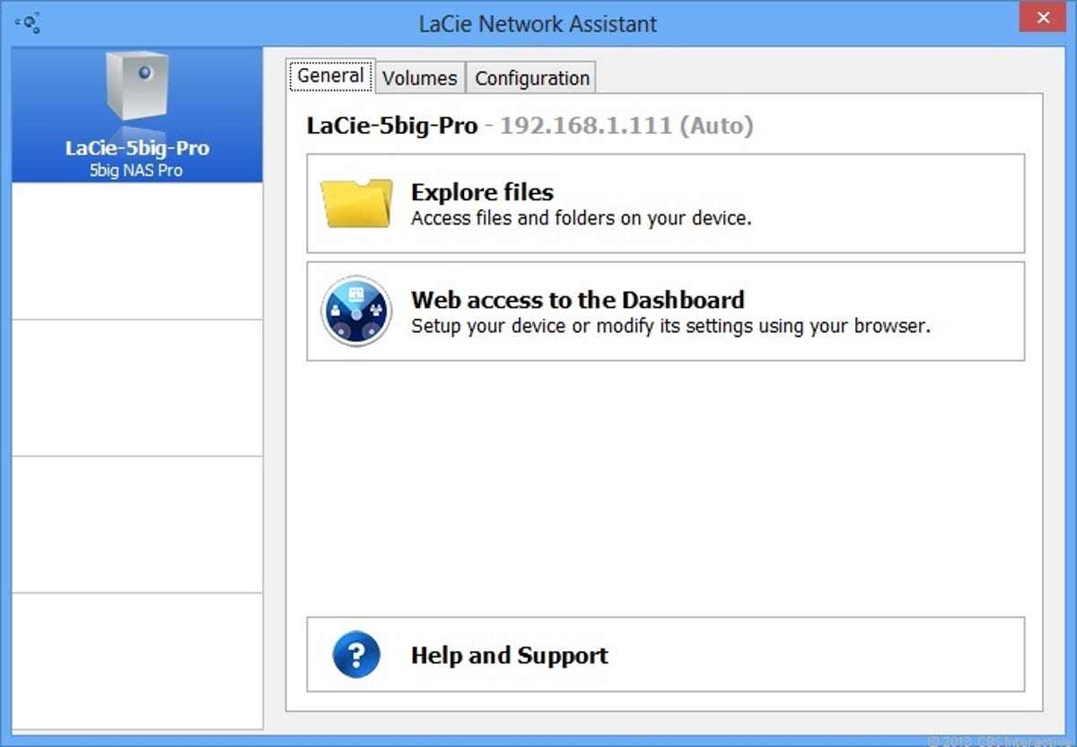 The LaCie Network Assistant software helps quickly set up the 5big NAS Pro by mapping network drives to its shared folders and launching the Web interface.