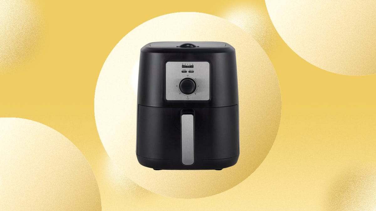 The Bella Pro Series 4.2-quart analog Air Fryer is displayed against a yellow background.