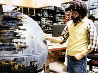 <p>Star Wars writer, director and producer George Lucas with a model of the menacing Death Star, one of the many miniatures built by ILM for the spacefaring saga.</p>