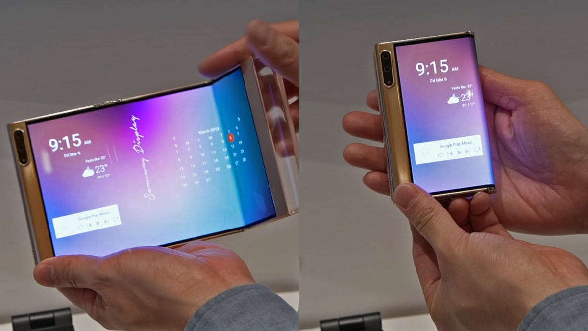 A person holding the Flex S concept with screen unfolded and folded