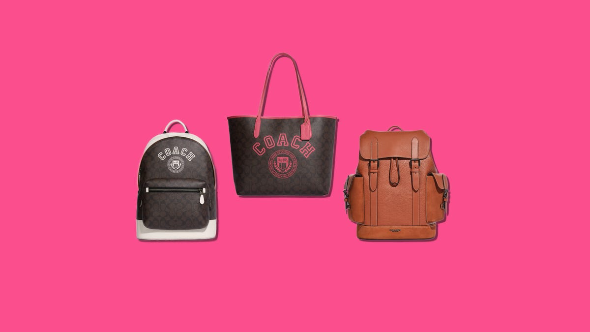 Two backpacks and a tote bag on a pink background