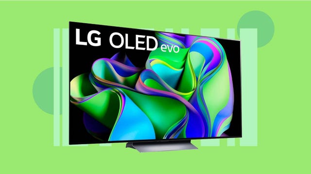 LG OLED TV on a green background.