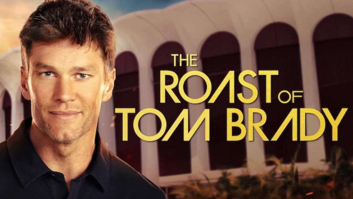 Promotional composite image for The Roast of Tom Brady live TV special, showing Tom Brady superimposed in front of a stadium, and the show's name placed on the right hand side of the image.