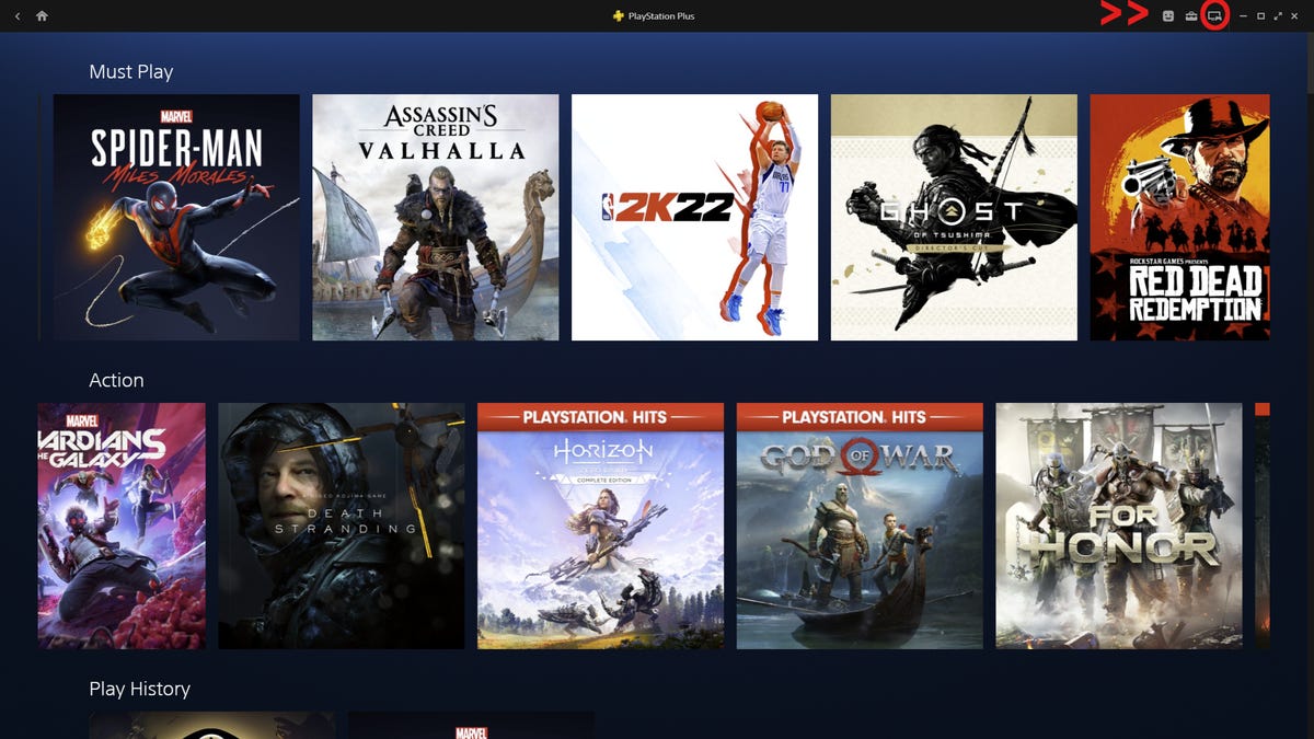 The PS Plus home screen highlighting the game controller icon in the upper right corner