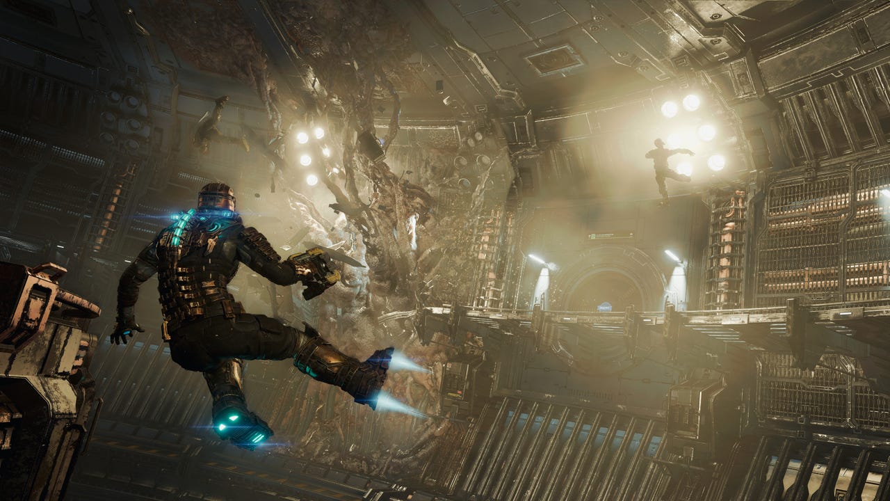 Isaac Clarke uses his rocket boots to fly around in the 2023 Dead Space remake.