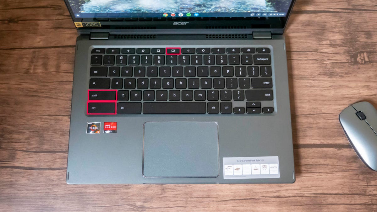 A Chromebook keyboard with the Shift and Ctrl keys highlighted
