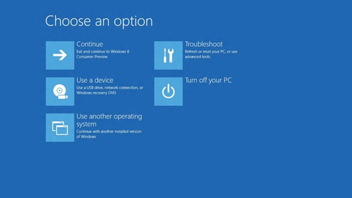 Windows 8 screen with "Use a device&apos; option that allows boot on an alternative drive.