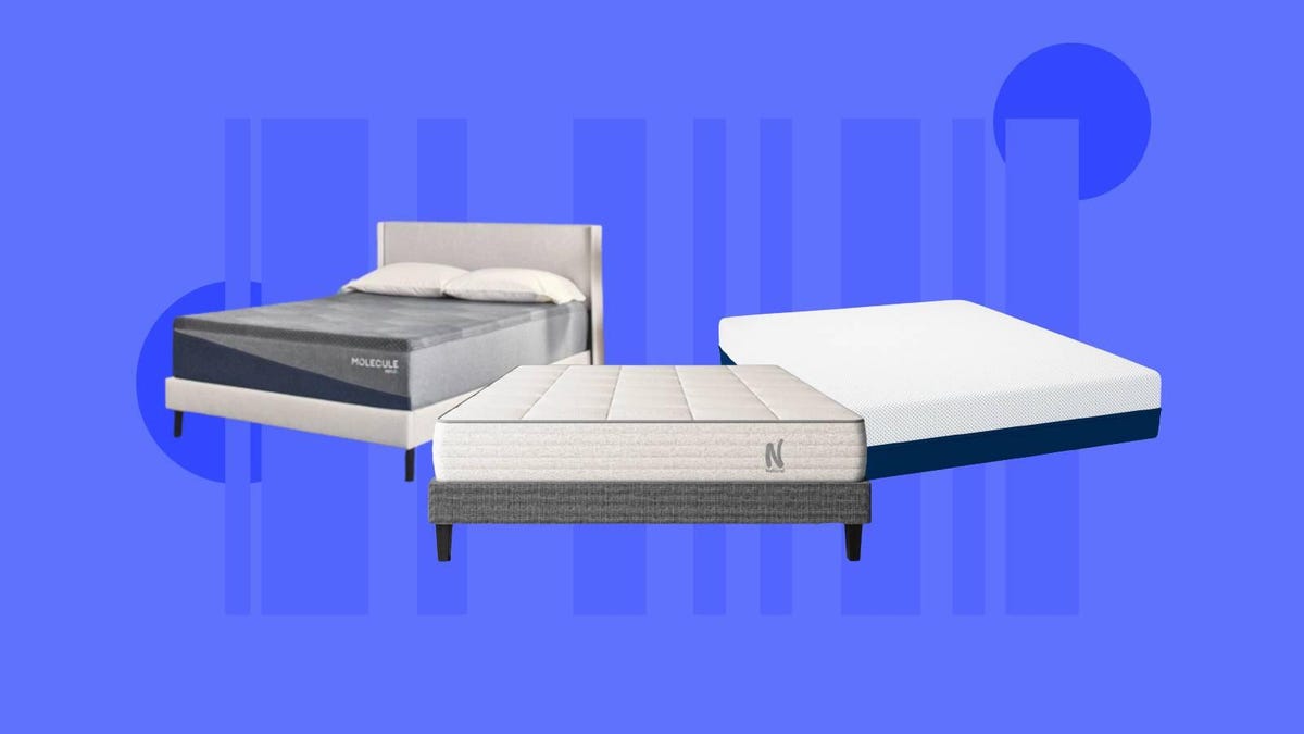 Mattresses from Molecule, Nolah and Amerisleep are displayed against a blue background.