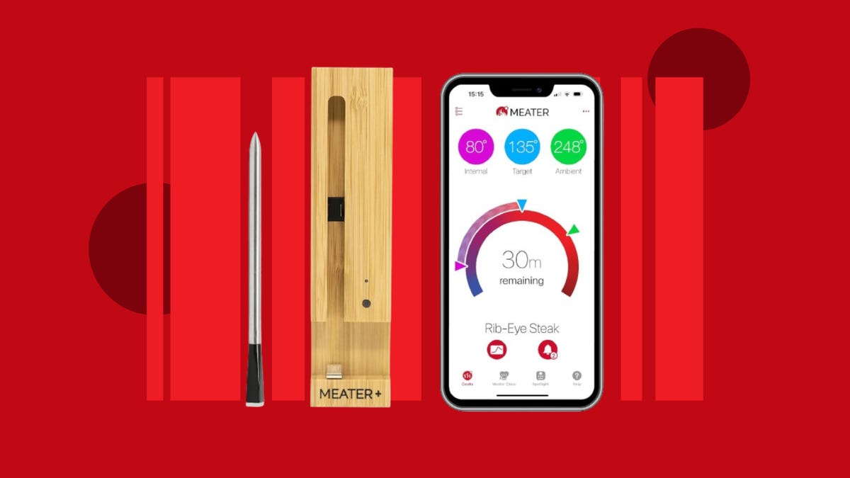 The Meater Plus smart meat thermometer is displayed against a red background.